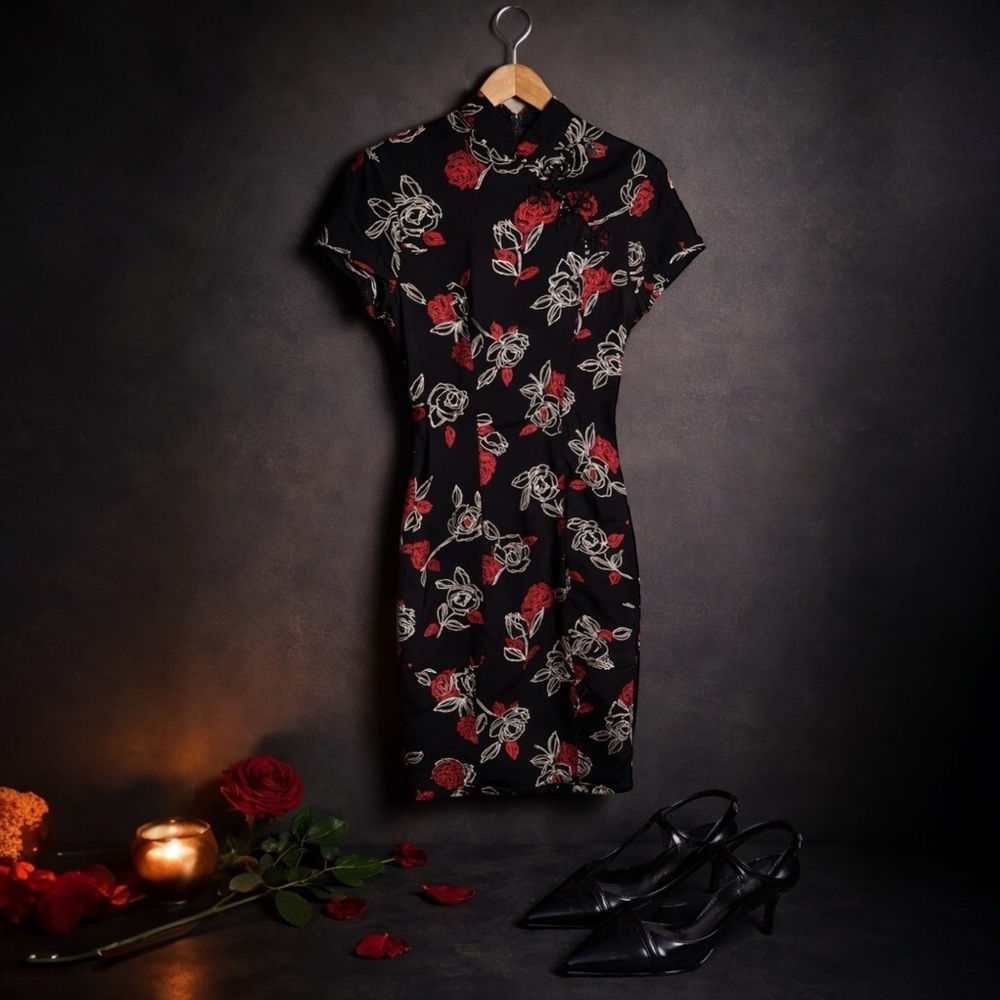 Vintage 90s Cheongsam Style Floral Dress Mandarin Collar Bodycon Qipao Inspired